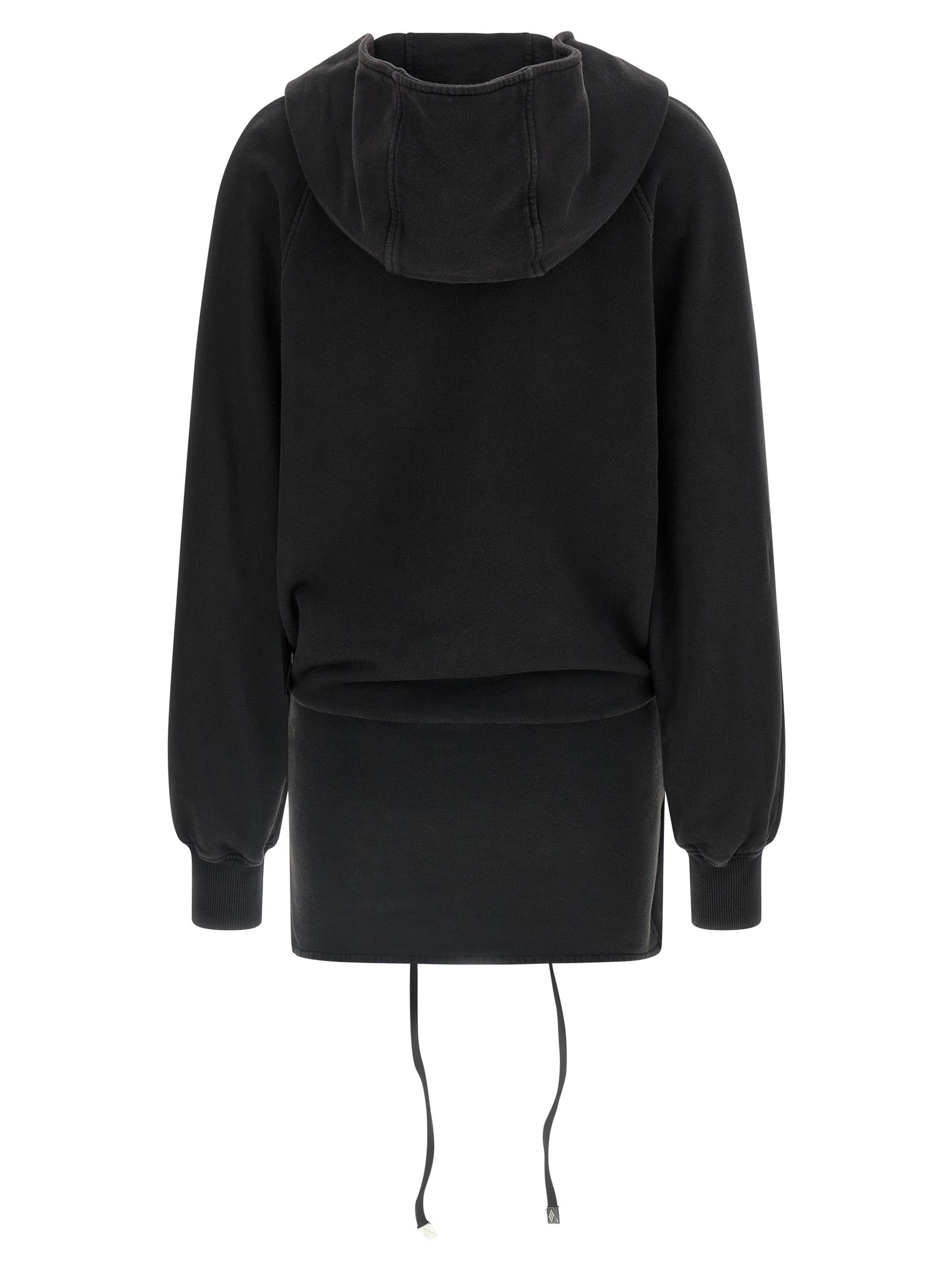 Dress by The Attico for women in cotton black showcases a striking silhouette, elegantly detailed with a , refined v-neck hooded neckline, and a striking short mini for a striking finish.