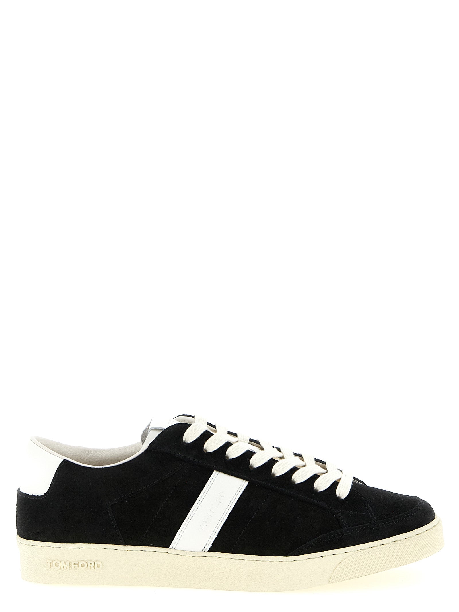 Sneakers by Tom Ford for men in suede leather & rubber bicolour, black & white features an timeless silhouette from the Blake Men's Low Top Suede Leather & Rubber Sneakers collection, showcasing a signature low-top style with an timeless finish.