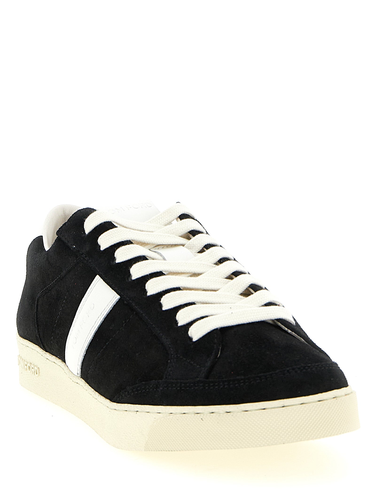 Sneakers by Tom Ford for men in suede leather & rubber bicolour, black & white features a chic design, perfectly showcasing the chic low-top style of this Blake Men's Low Top Suede Leather & Rubber Sneakers.