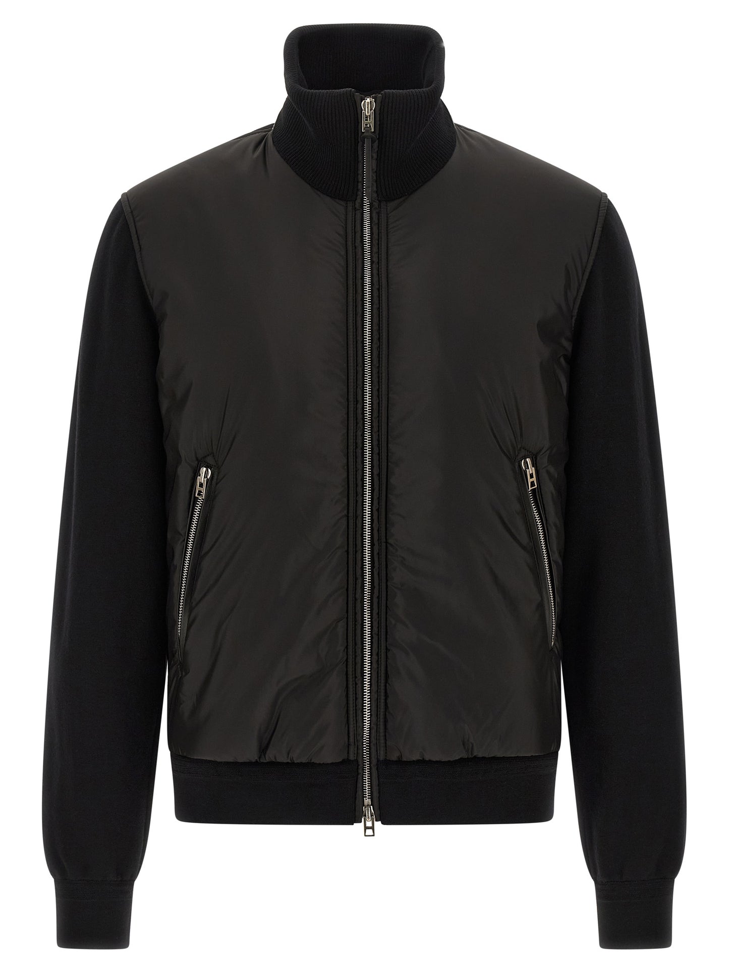 Bomber Jacket by Tom Ford for men in nylon polyamide leather & merino wool black presents a effortlessly chic silhouette, showcasing a sophisticated high-neck neckline and premium pockets & insulated for a truly effortlessly chic finish.