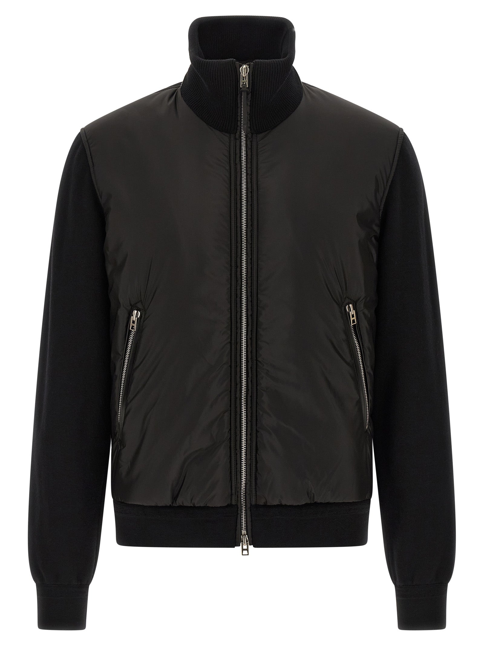 Bomber Jacket by Tom Ford for men in nylon polyamide leather & merino wool black presents a effortlessly chic silhouette, showcasing a sophisticated high-neck neckline and premium pockets & insulated for a truly effortlessly chic finish.