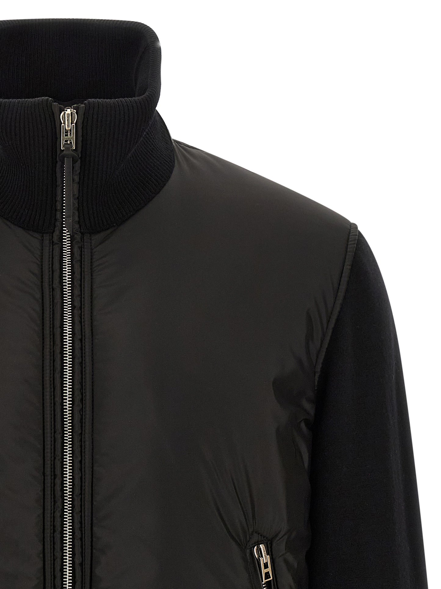Bomber Jacket by Tom Ford for men in nylon polyamide leather & merino wool black features an on trend silhouette, showcasing refined pockets & insulated and a sophisticated high-neck neckline for a truly on trend finish.