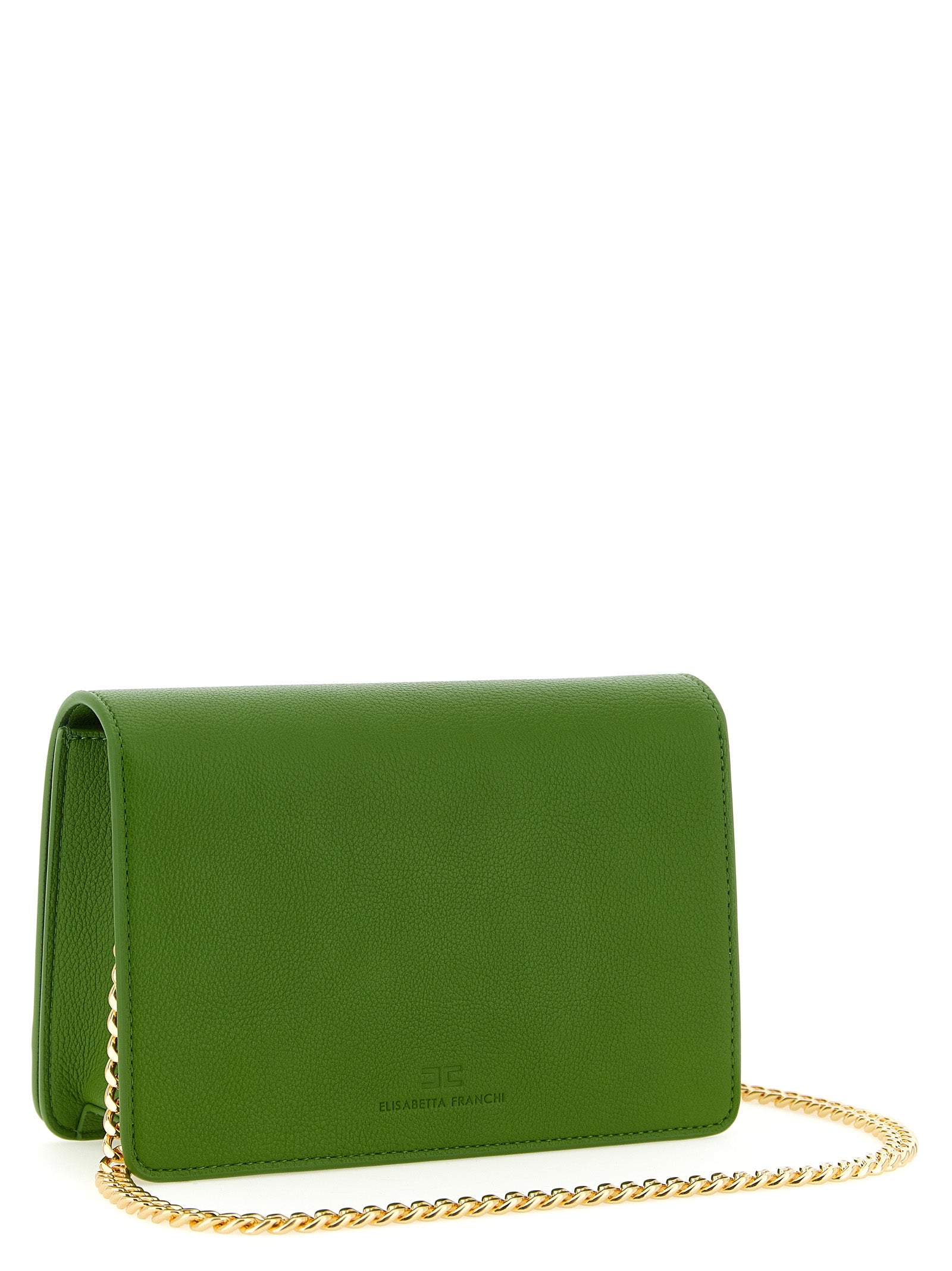 Crossbody Flap Handbag by Elisabetta Franchi for women in virgin wool polyester polyurethane pebbled leather bicolour & green features a versatile chic silhouette, meticulously detailed with a secure flap & magnetic, ample , and versatile crossbody-strap & shoulder-strap.