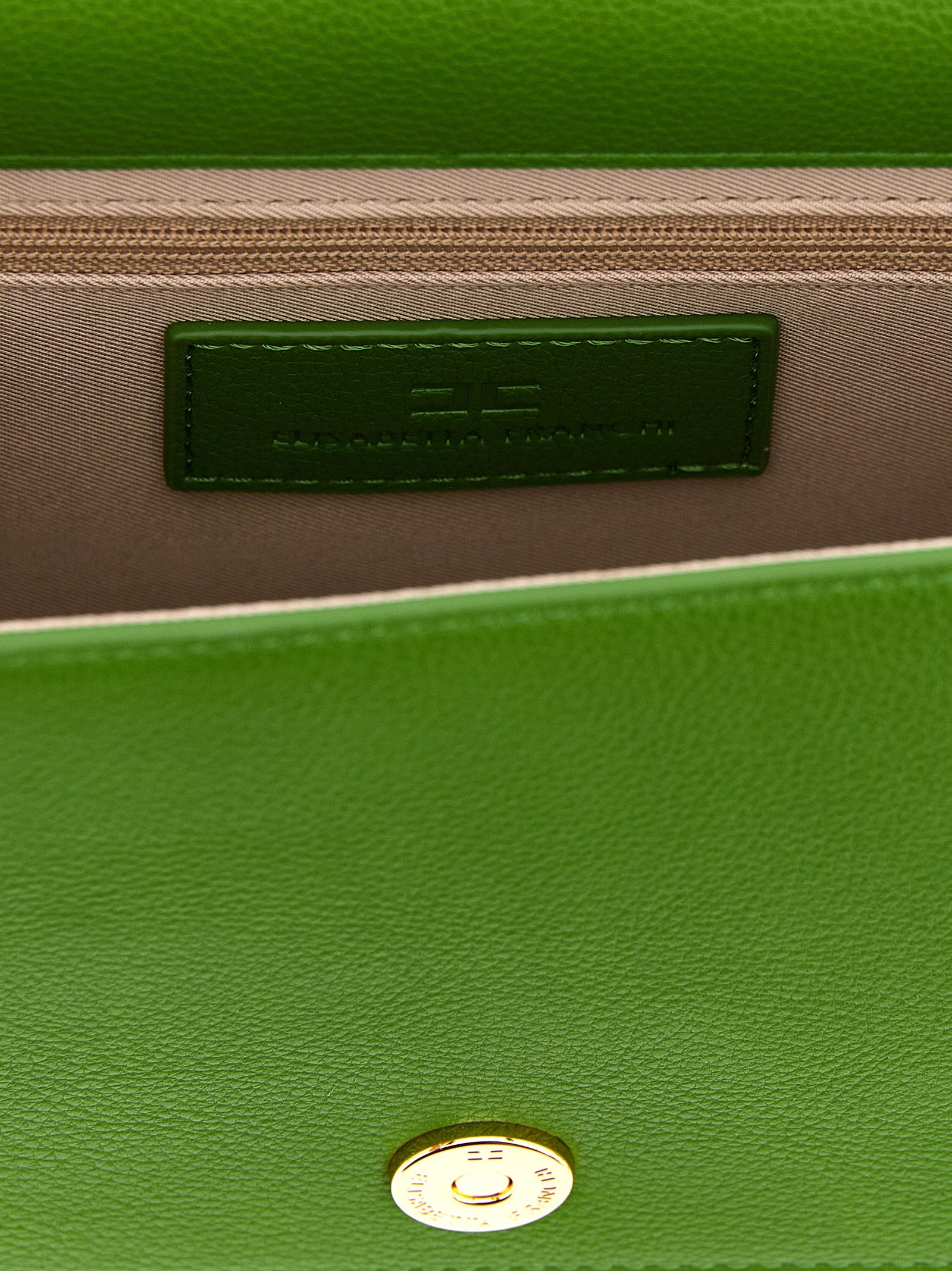 Crossbody Flap Handbag by Elisabetta Franchi for women in virgin wool polyester polyurethane pebbled leather bicolour & green features a transformative elegance silhouette, showcasing a secure flap & magnetic, organized , and versatile crossbody-strap & shoulder-strap for a transformative elegance look.
