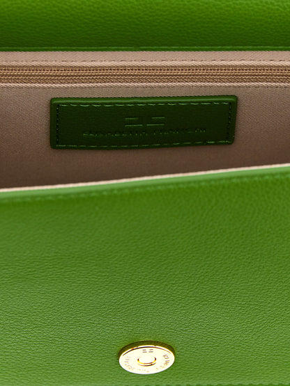 Crossbody Flap Handbag by Elisabetta Franchi for women in virgin wool polyester polyurethane pebbled leather bicolour & green features a transformative elegance silhouette, showcasing a secure flap & magnetic, organized , and versatile crossbody-strap & shoulder-strap for a transformative elegance look.