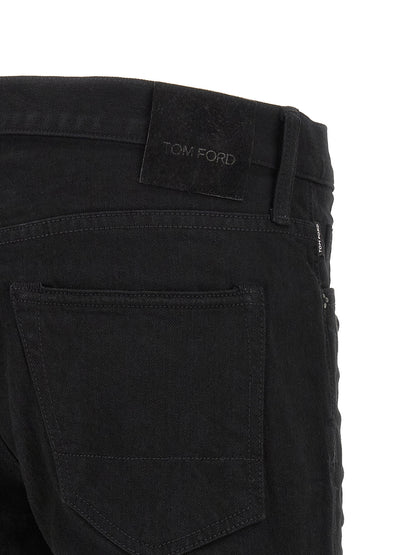 Jeans by Tom Ford for men in suede leather polyurethane & denim cotton black presents a tailored silhouette, showcasing a tailored straight-leg and long cut with a refined for a truly tailored aesthetic.