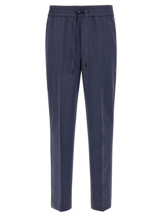 Casual Pants by Brioni for men in linen & cotton blue features a polished silhouette with a polished straight-leg, reaching a polished long and finished with a polished .