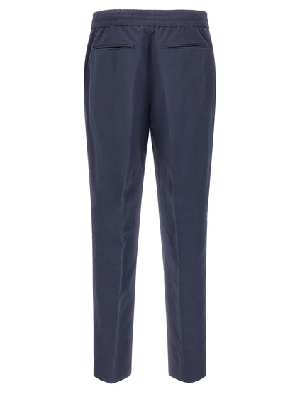 Casual Pants by Brioni for men in linen & cotton blue features an refined tailoring silhouette, showcasing a premium straight-leg with a and long cut for a refined tailoring look.