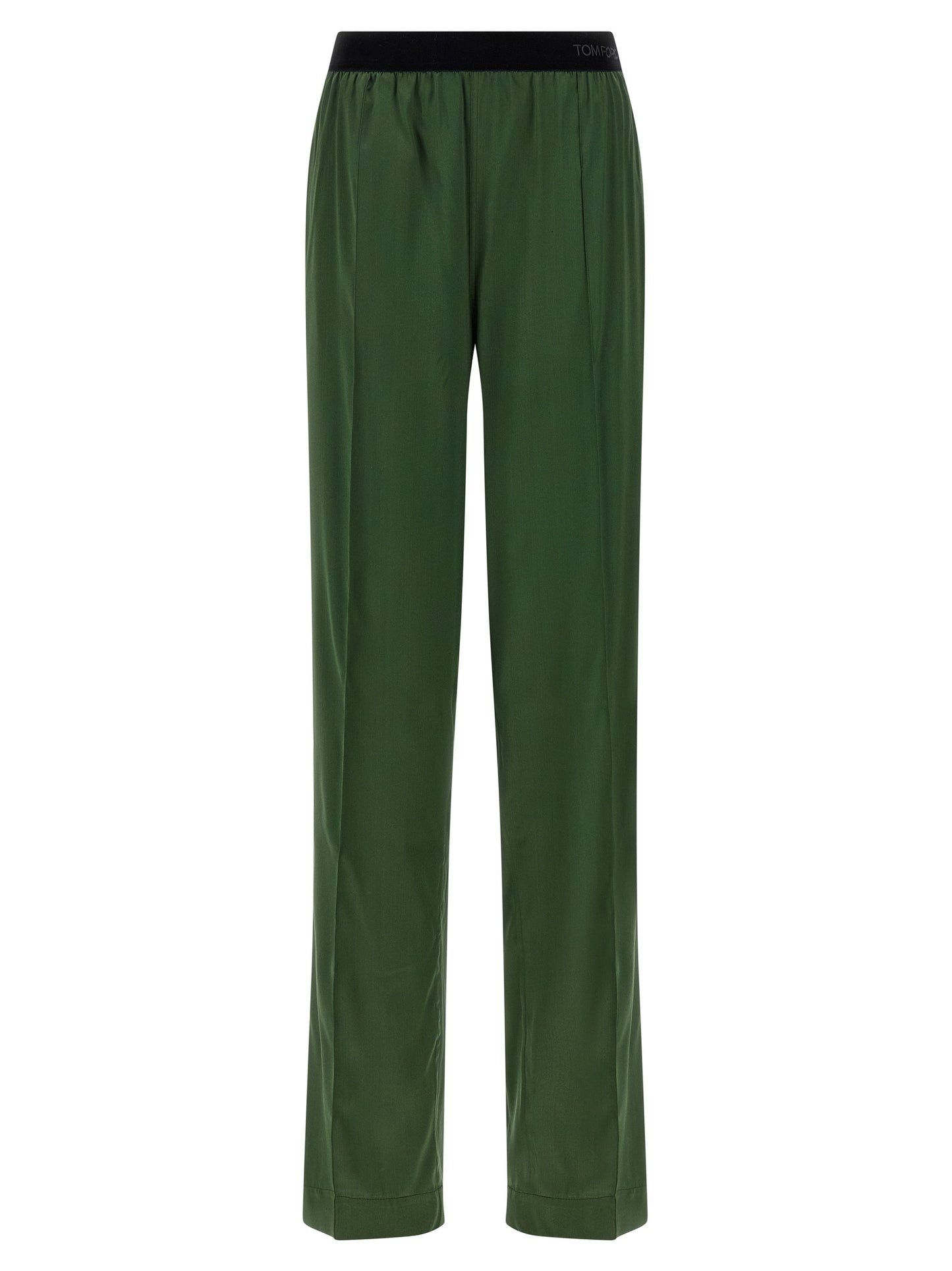 Casual Pants by Tom Ford for women in satin silk velvet bicolour & green presents a tailored silhouette, showcasing a tailored straight-leg and long cut with a refined for a truly tailored aesthetic.