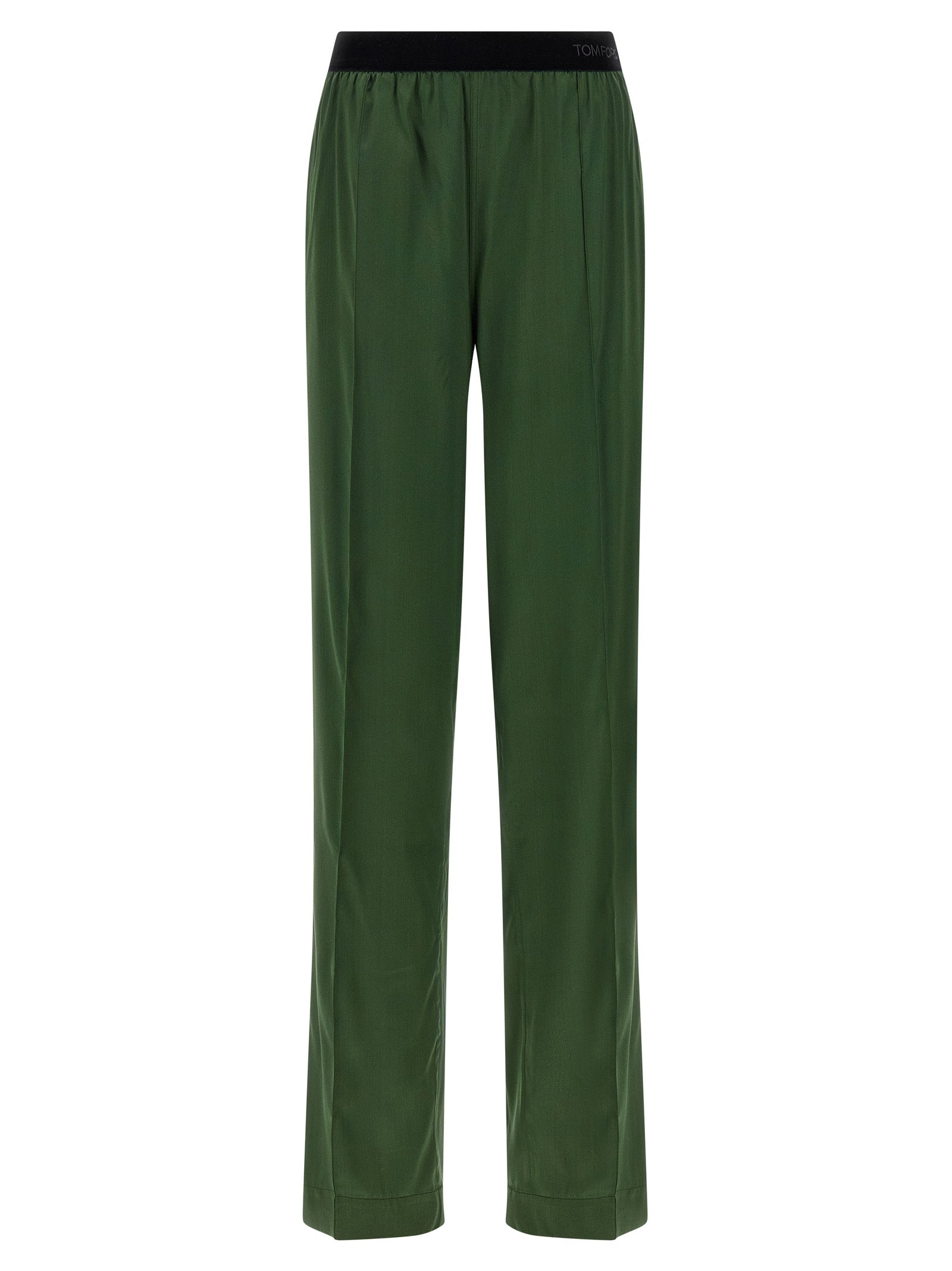 Casual Pants by Tom Ford for women in satin silk velvet bicolour & green presents a tailored silhouette, showcasing a tailored straight-leg and long cut with a refined for a truly tailored aesthetic.