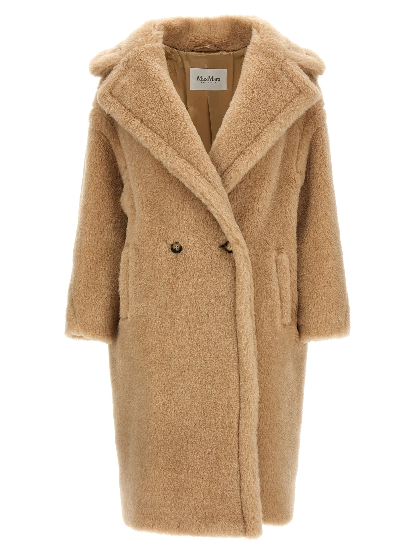 Max Mara Bear Icon Women's Double Breasted Viscose Alpaca Wool & Leather Trench Coat - Beige Horn Jacquard Monogram