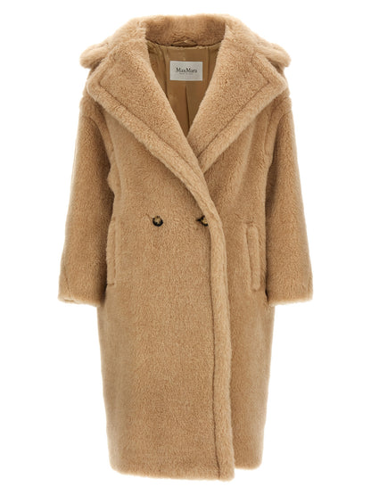 Max Mara Bear Icon Women's Double Breasted Viscose Alpaca Wool & Leather Trench Coat - Beige Horn Jacquard Monogram