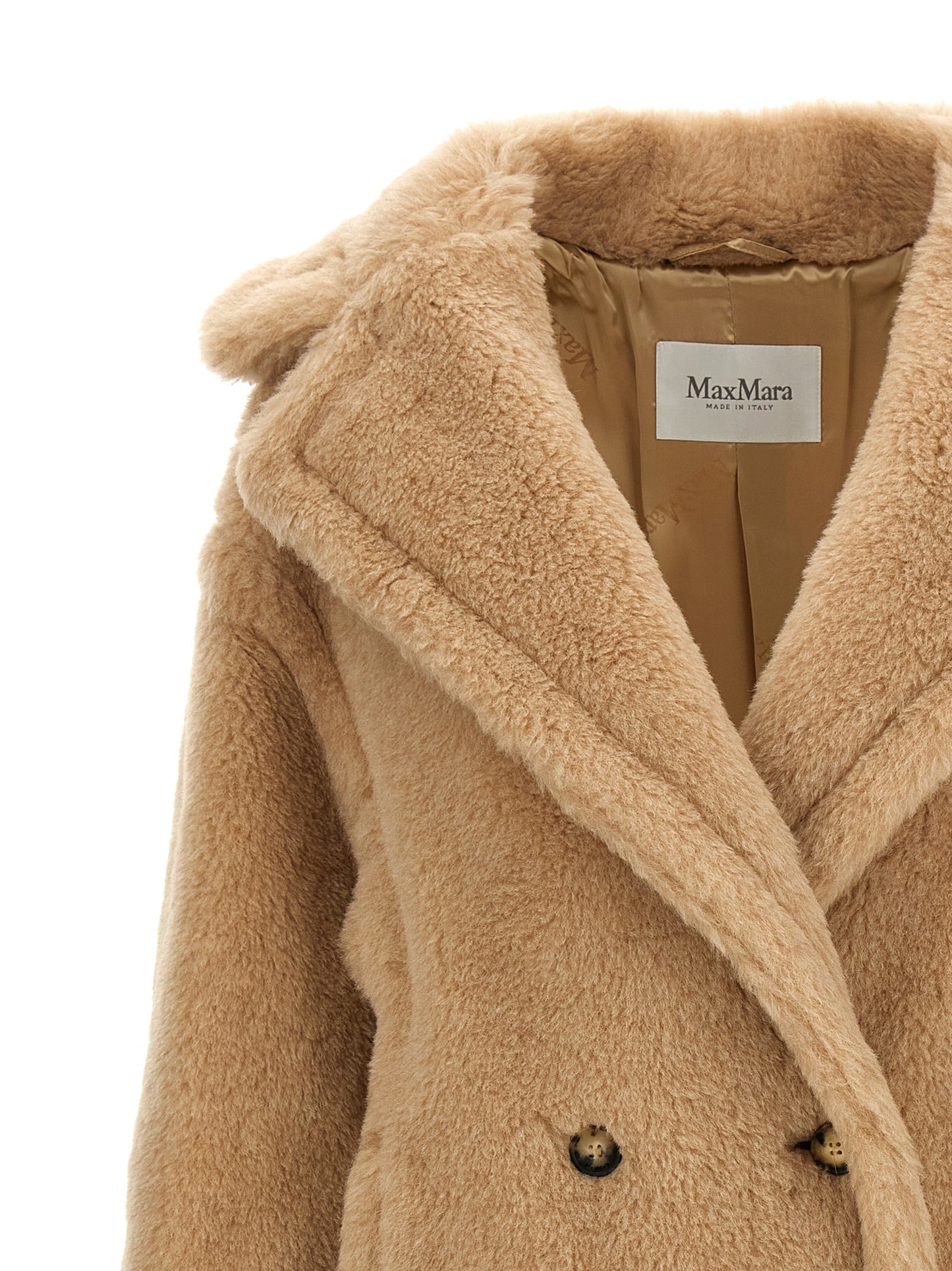 Max Mara Bear Icon Women's Double Breasted Viscose Alpaca Wool & Leather Trench Coat - Beige Horn Jacquard Monogram