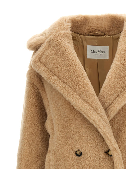 Max Mara Bear Icon Women's Double Breasted Viscose Alpaca Wool & Leather Trench Coat - Beige Horn Jacquard Monogram