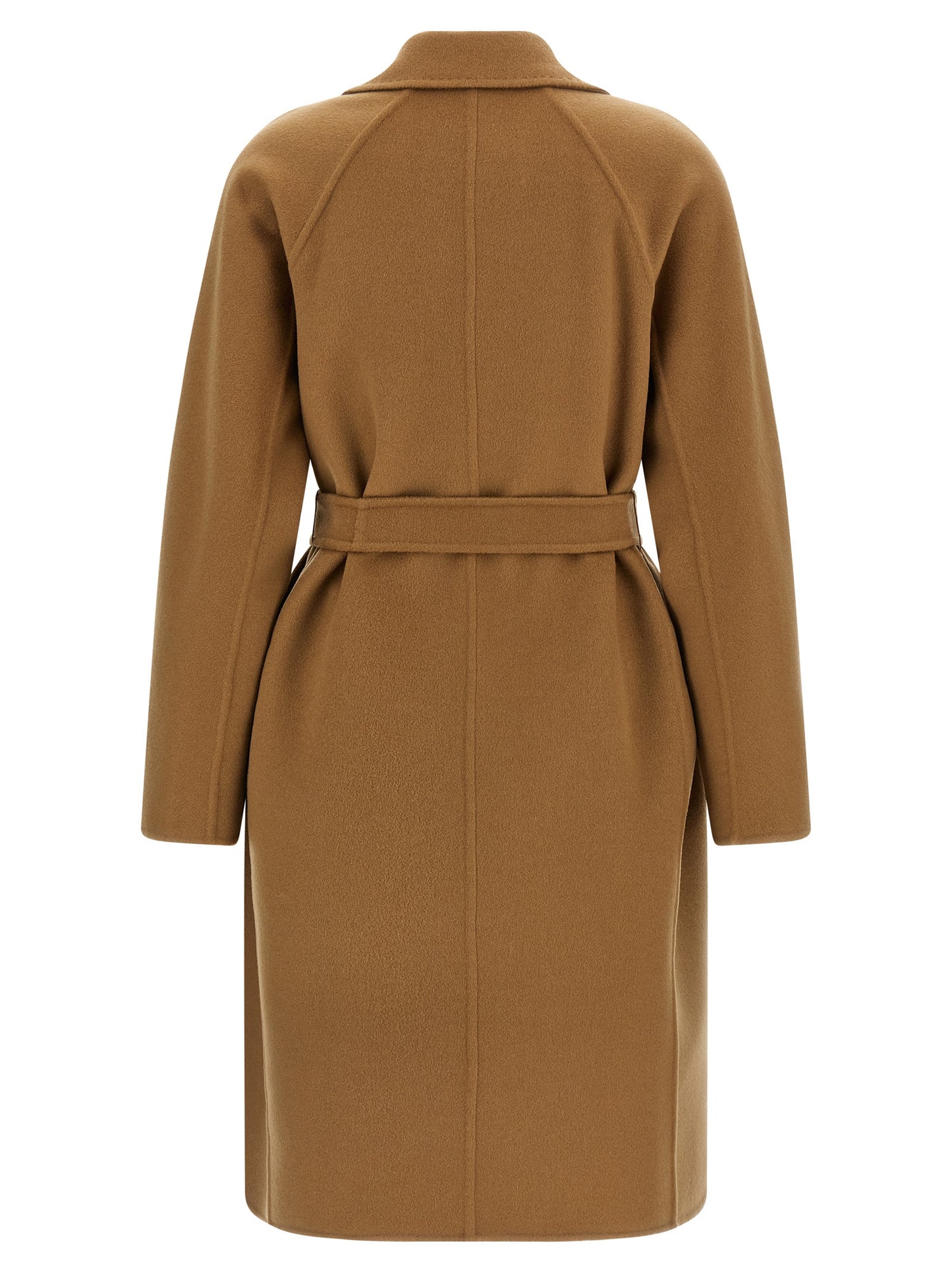 Trench Coat by Max Mara for women in cashmere beige features an dramatic silhouette, perfectly showcasing the elegant lapel neckline and sophisticated pockets for a truly dramatic aesthetic.