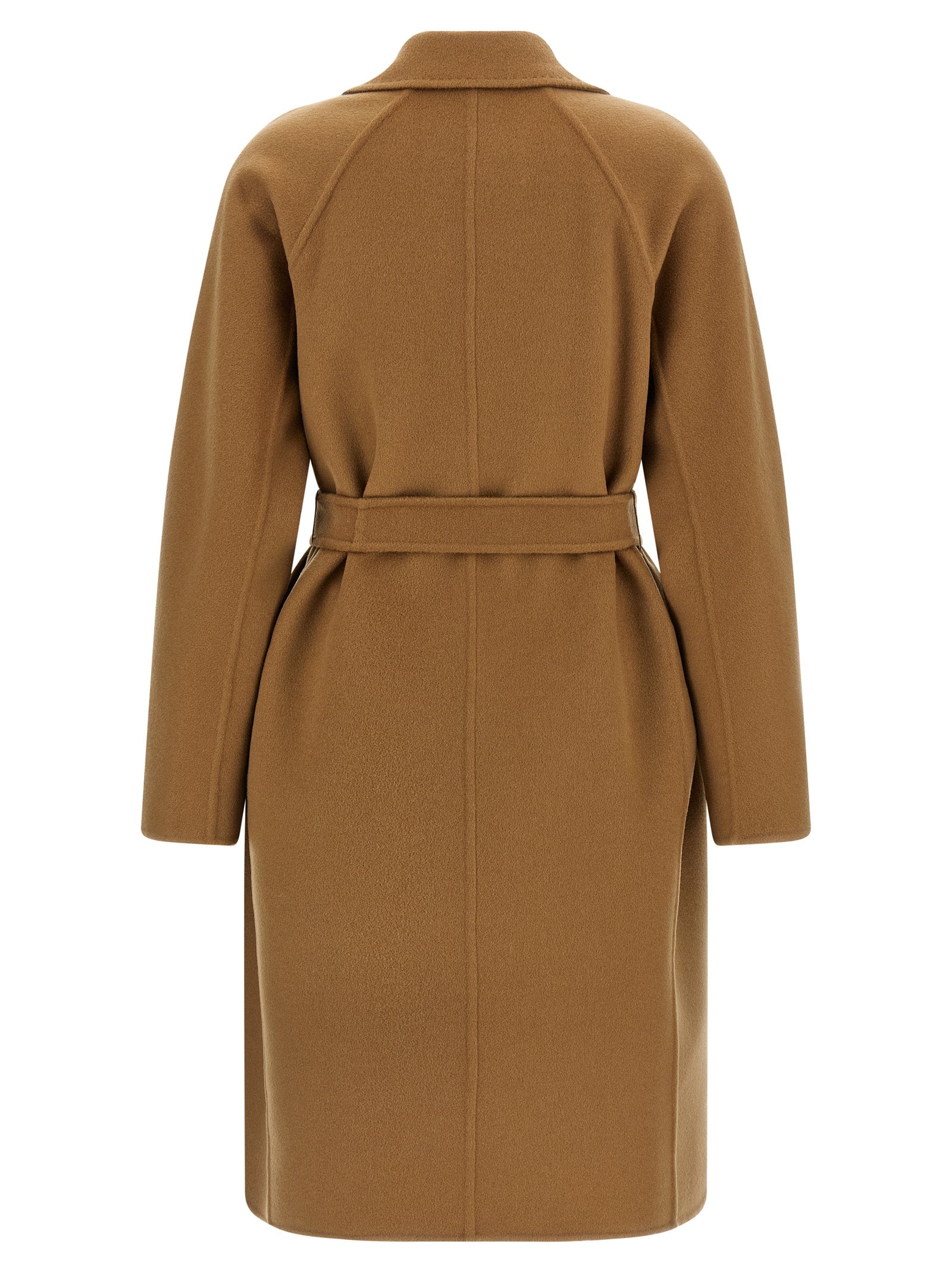 Trench Coat by Max Mara for women in cashmere beige features an dramatic silhouette, perfectly showcasing the elegant lapel neckline and sophisticated pockets for a truly dramatic aesthetic.