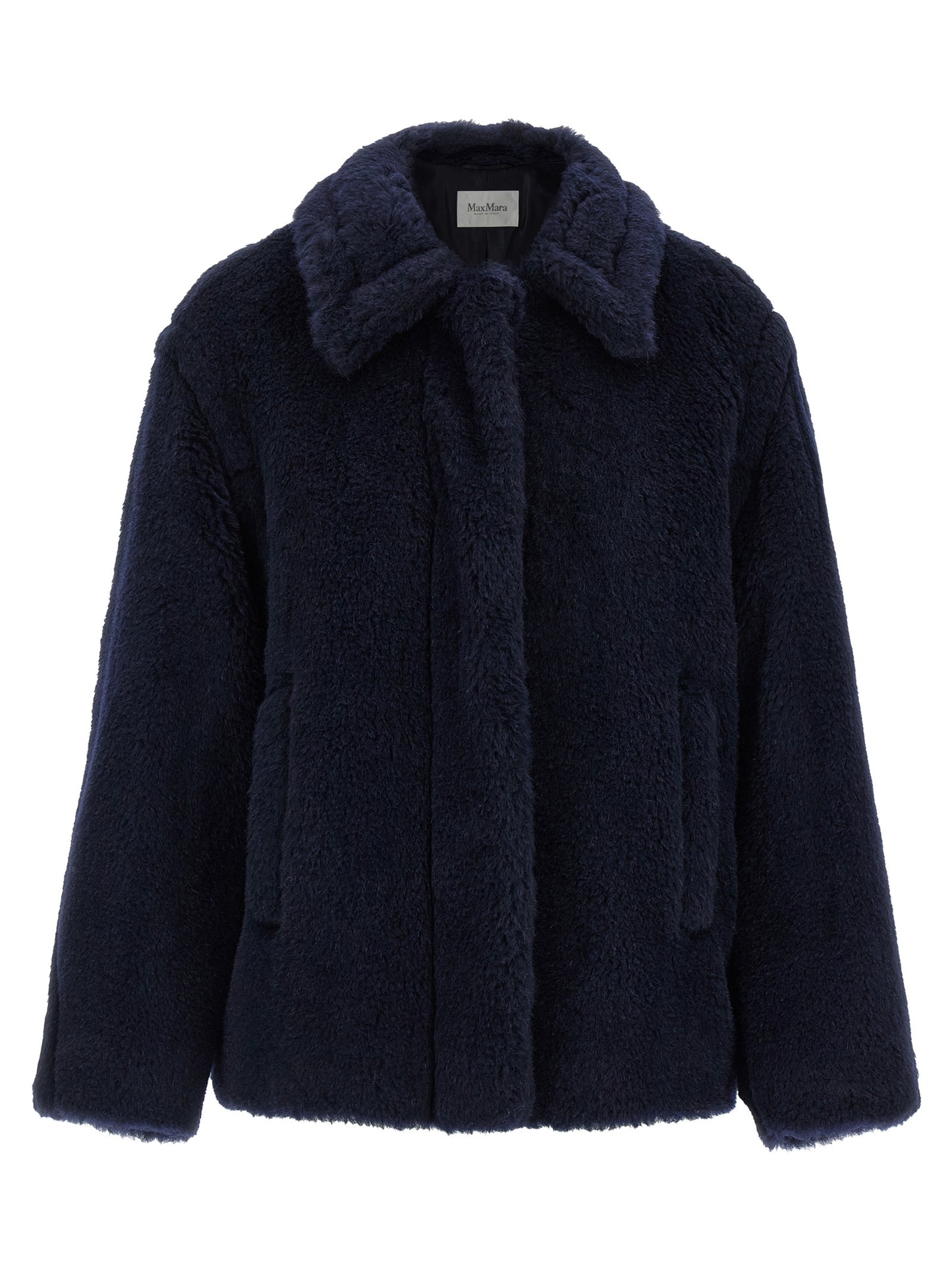 Max Mara Essence Women's Silk Alpaca Wool & Leather Overcoat - Blue Jacquard Monogram