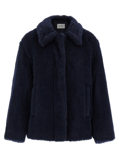 Max Mara Essence Women's Silk Alpaca Wool & Leather Overcoat - Blue Jacquard Monogram