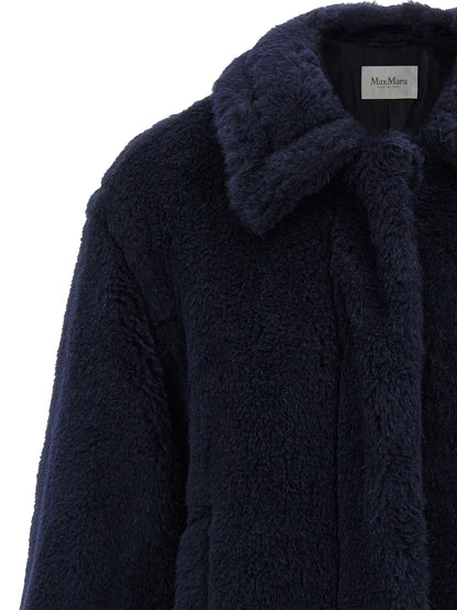 Max Mara Essence Women's Silk Alpaca Wool & Leather Overcoat - Blue Jacquard Monogram