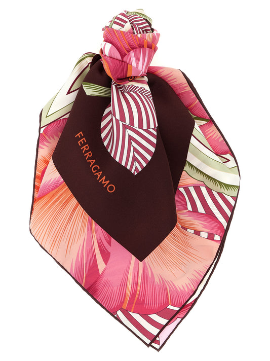 Scarf by Ferragamo for women in silk twill multicolor & print features a timeless silhouette, artfully capturing the essence of the timeless Icon Silk Twill Scarf design for a sophisticated look.
