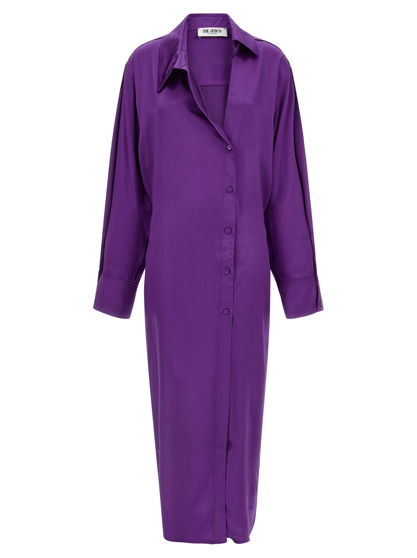 Dress by The Attico for women in rayon & viscose purple features an sultry silhouette defined by a split asymmetric neckline and long-sleeve, falling to an sultry midi for a sultry look.