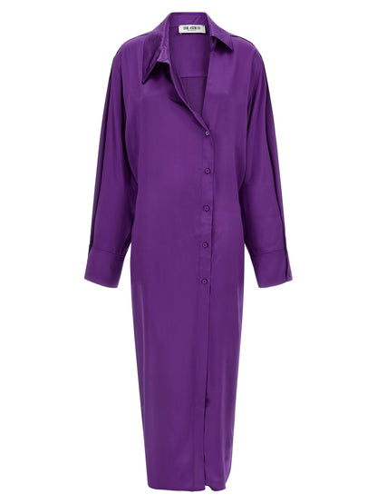Dress by The Attico for women in rayon & viscose purple features an sultry silhouette defined by a split asymmetric neckline and long-sleeve, falling to an sultry midi for a sultry look.