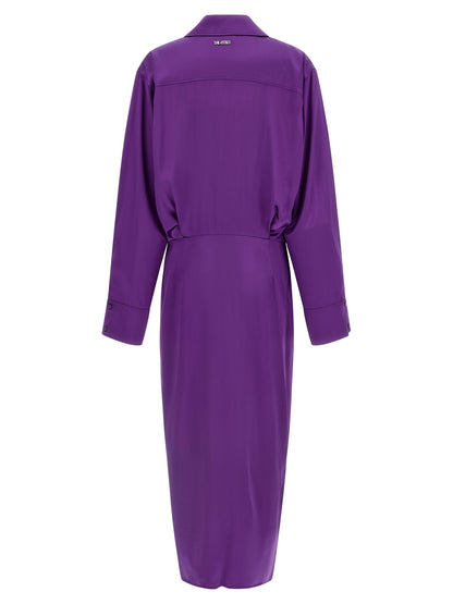 Dress by The Attico for women in rayon & viscose purple features a dramatic silhouette, showcasing an elegant split asymmetric neckline and that flows into a dramatic midi.