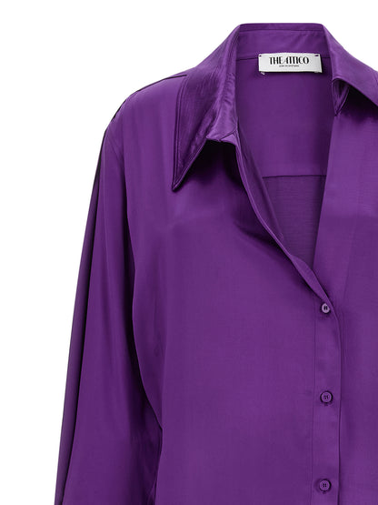 Dress by The Attico for women in rayon & viscose purple showcases a striking silhouette, elegantly detailed with a , refined split asymmetric neckline, and a striking midi for a striking finish.