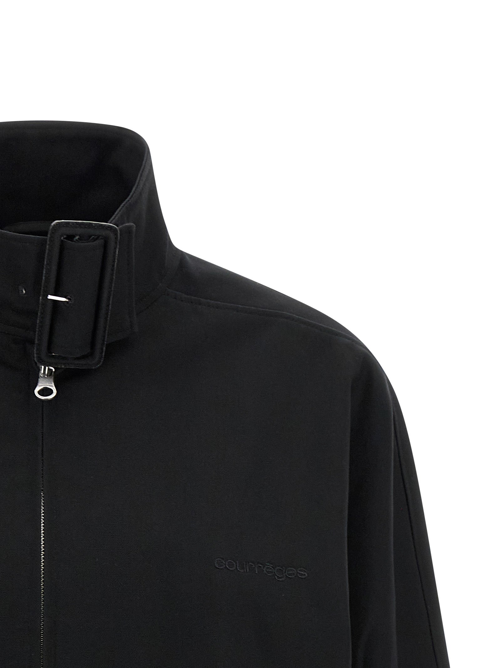 Bomber Jacket by Courrèges for women in cupro & cotton black & signature features a dramatic silhouette, showcasing a sophisticated and distinctive pockets for a dramatic aesthetic.