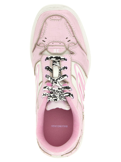 Athletic Sneakers by Balenciaga for women in polyester & cowhide leather multicolor & pink presents a sleek silhouette, perfectly capturing the athletic style essence of Icon Women's Athletic Polyester & Cowhide Leather Sneakers with its sleek design and premium finish.