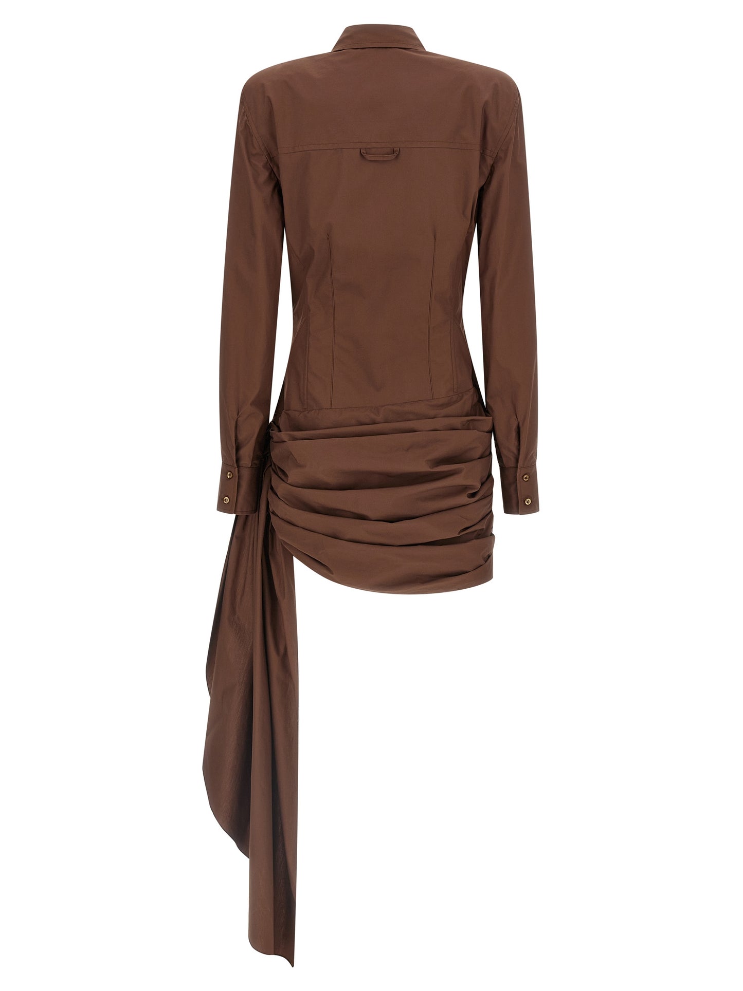 Dress by Giuseppe Di Morabito for women in cotton brown features a dramatic silhouette, showcasing an elegant and that flows into a dramatic short mini.