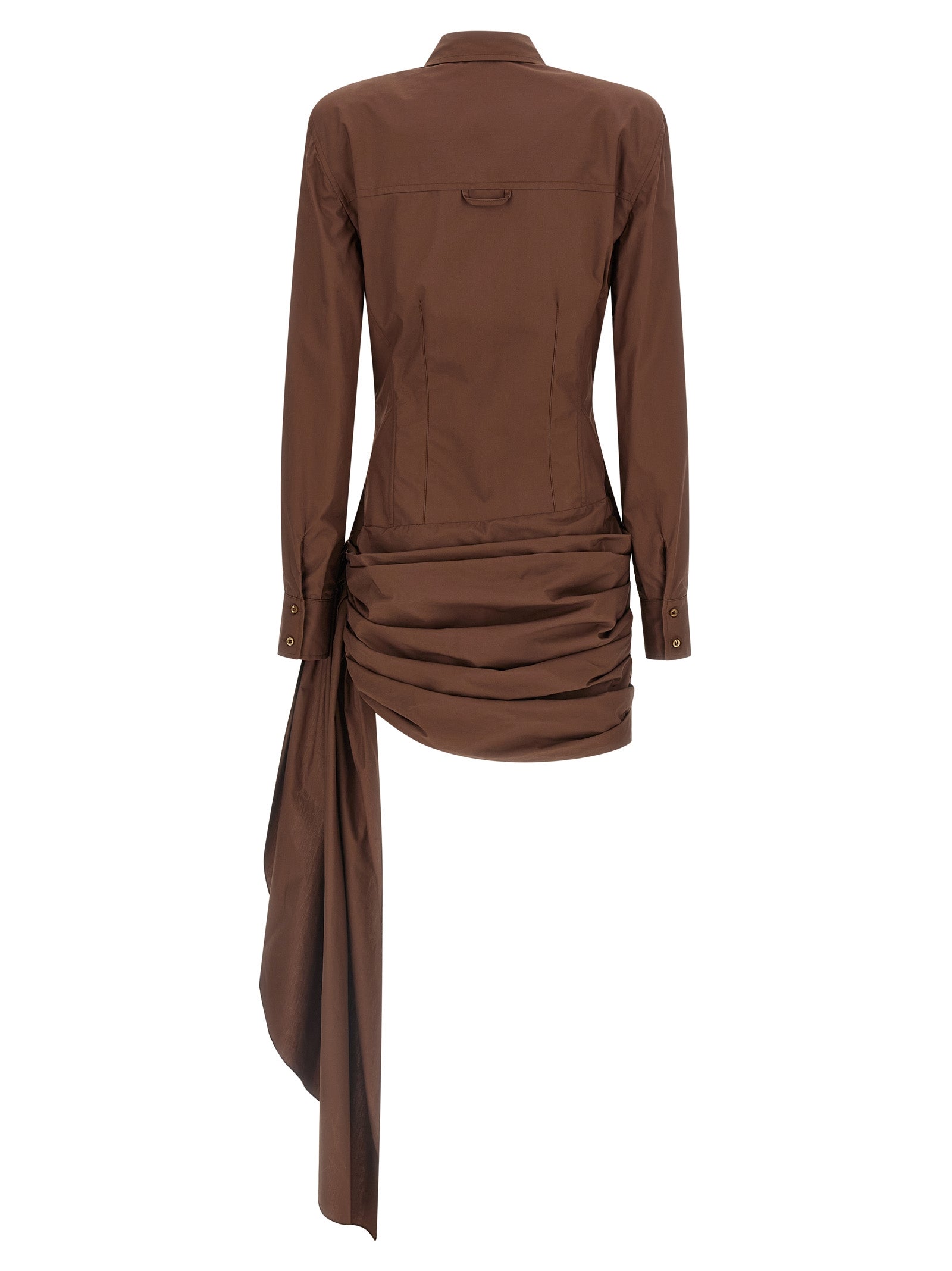 Dress by Giuseppe Di Morabito for women in cotton brown features a dramatic silhouette, showcasing an elegant and that flows into a dramatic short mini.