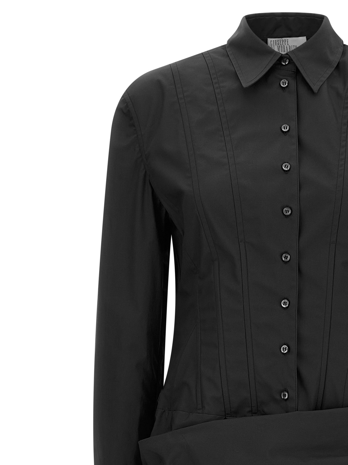 Dress by Giuseppe Di Morabito for women in cotton black features a dramatic silhouette, showcasing an elegant and that flows into a dramatic short mini.