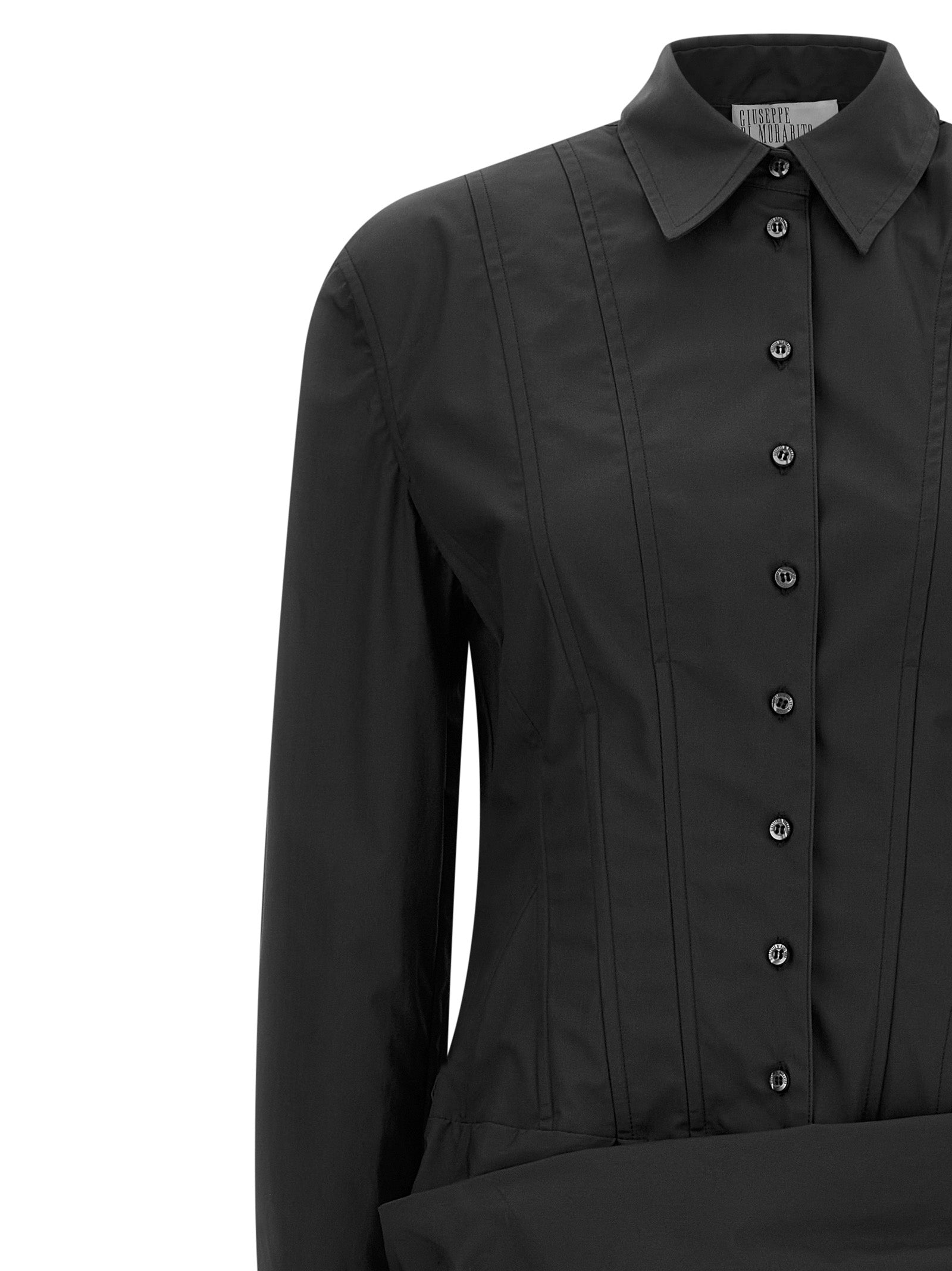 Dress by Giuseppe Di Morabito for women in cotton black features a dramatic silhouette, showcasing an elegant and that flows into a dramatic short mini.