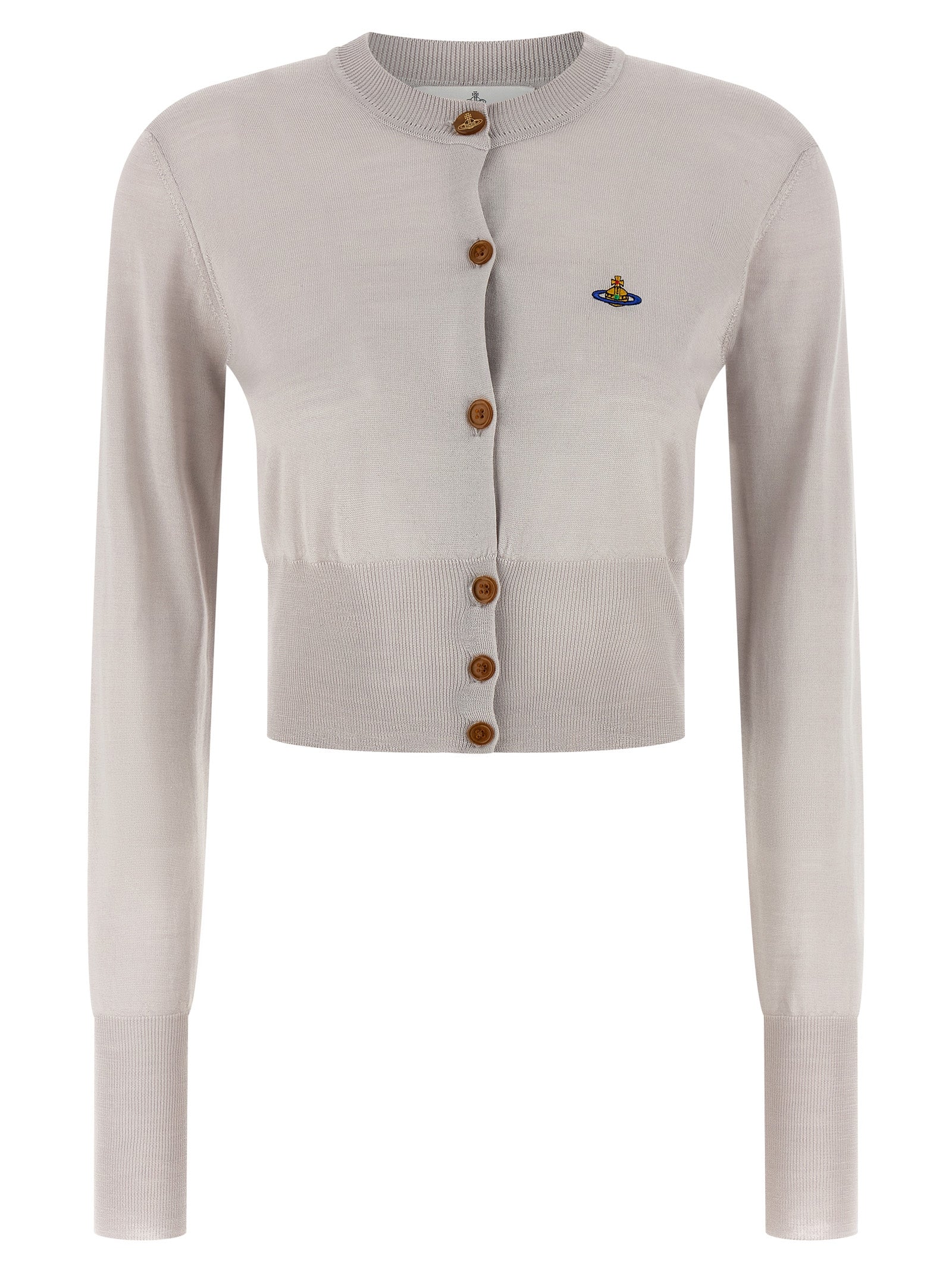 Cardigan by Vivienne Westwood for women in wool & silk gray features a dramatic silhouette, showcasing a sophisticated round neckline and dramatic detail for a timeless, premium look.