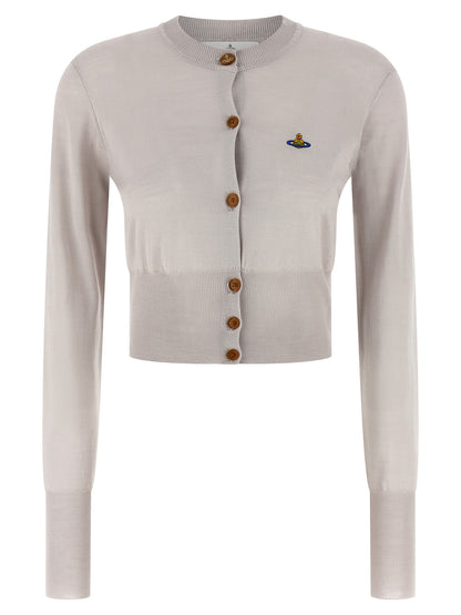 Cardigan by Vivienne Westwood for women in wool & silk gray features a dramatic silhouette, showcasing a sophisticated round neckline and dramatic detail for a timeless, premium look.