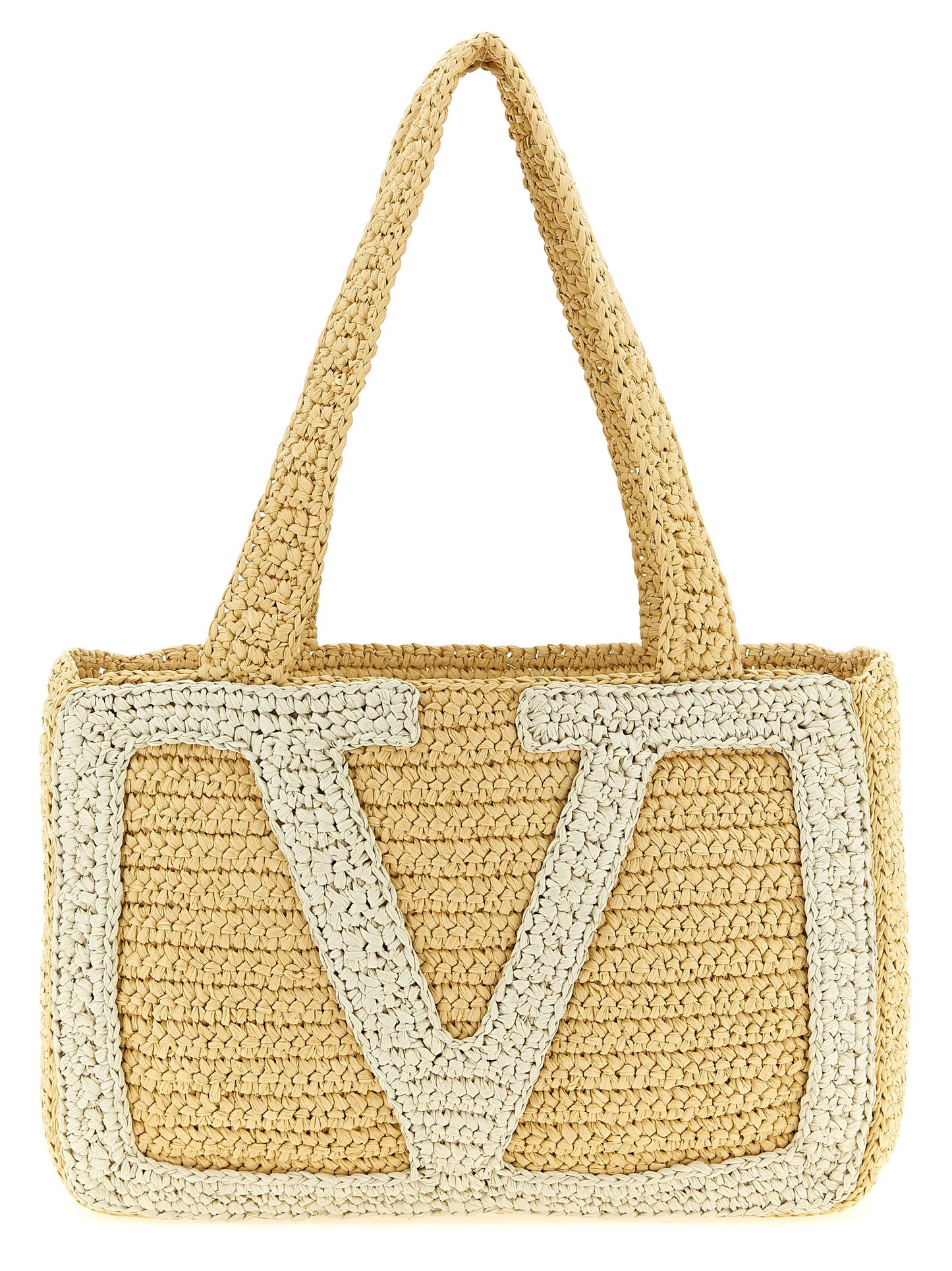 Medium Shopper Tote Bag by Valentino Garavani for women in raffia polyester polyurethane python leather white & signature features an sumptuous Crochet Icon Viva Superstar V Logo Raffia Polyester Polyurethane Python Leather Medium Shopper Tote Bag design with a secure , ample , and versatile handle for an sumptuous finish.