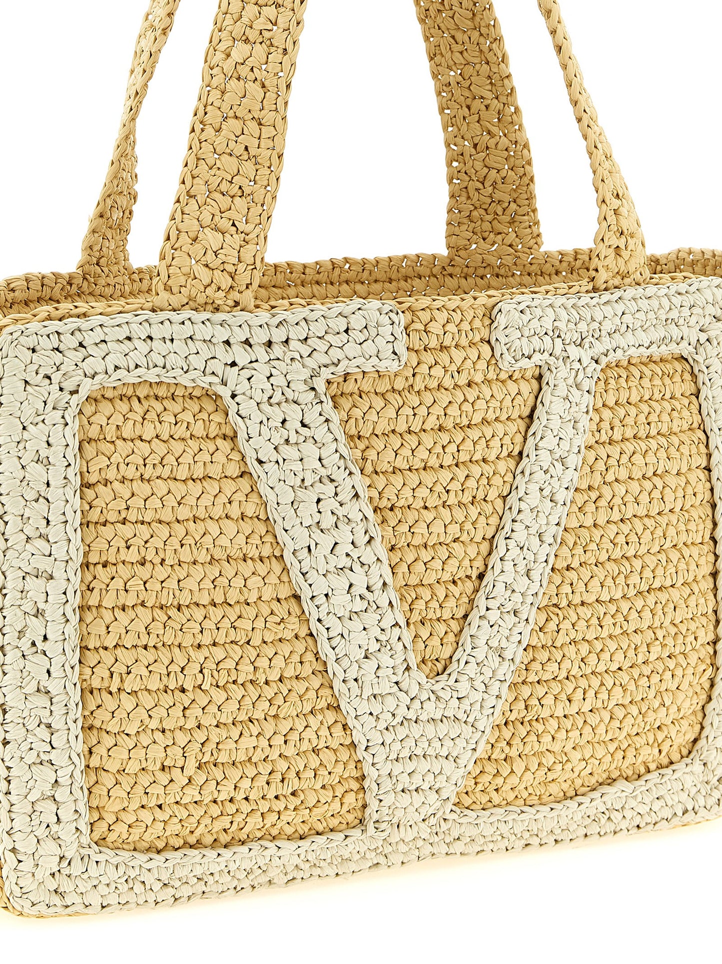 Medium Shopper Tote Bag by Valentino Garavani for women in raffia polyester polyurethane python leather white & signature features an metropolitan chic Crochet Icon Viva Superstar V Logo Raffia Polyester Polyurethane Python Leather Medium Shopper Tote Bag design with a secure , metropolitan chic , and versatile handle for a metropolitan chic look.