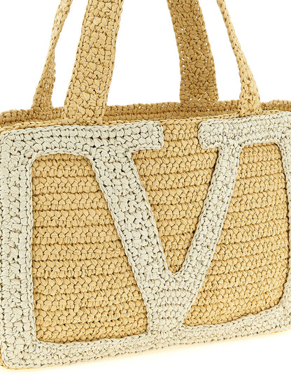 Medium Shopper Tote Bag by Valentino Garavani for women in raffia polyester polyurethane python leather white & signature features an metropolitan chic Crochet Icon Viva Superstar V Logo Raffia Polyester Polyurethane Python Leather Medium Shopper Tote Bag design with a secure , metropolitan chic , and versatile handle for a metropolitan chic look.