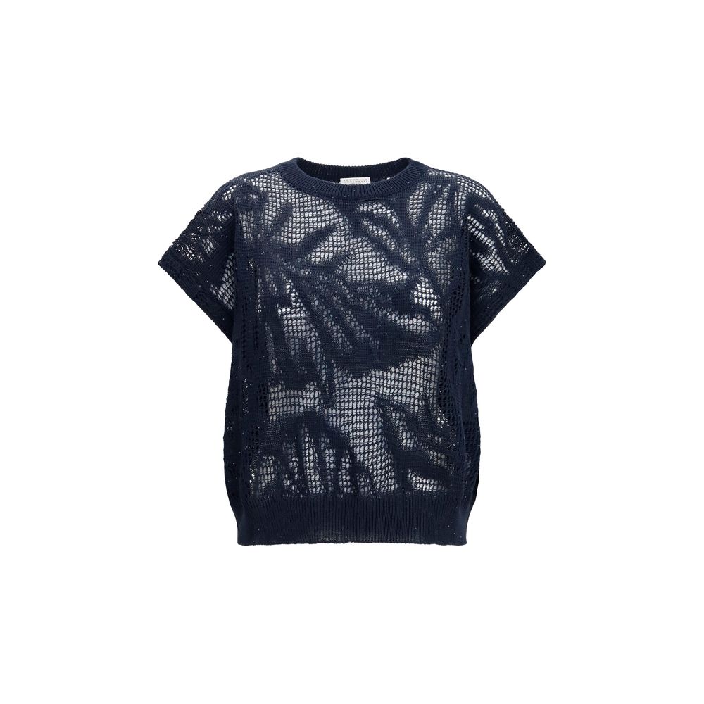T-Shirt by Brunello Cucinelli for women in linen & cotton blue & natural features a plush silhouette, showcasing a sophisticated crew neckline and for a truly plush finish.