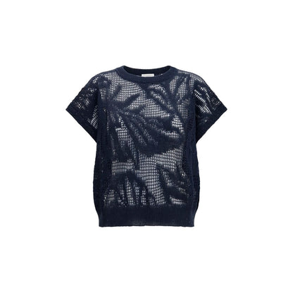 T-Shirt by Brunello Cucinelli for women in linen & cotton blue & natural features a plush silhouette, showcasing a sophisticated crew neckline and for a truly plush finish.