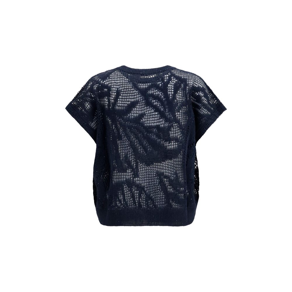 T-Shirt by Brunello Cucinelli for women in linen & cotton blue & natural features an edgy silhouette, meticulously detailed with a sophisticated and crew neckline for a truly edgy finish.