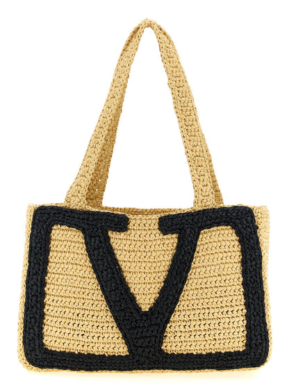 Medium Shopper Tote Bag by Valentino Garavani for women in raffia polyester polyurethane python leather beige & signature features an metropolitan chic Crochet Viva Superstar V Logo Raffia Polyester Polyurethane Python Leather Medium Shopper Tote Bag design with a secure , metropolitan chic , and versatile handle for a metropolitan chic look.