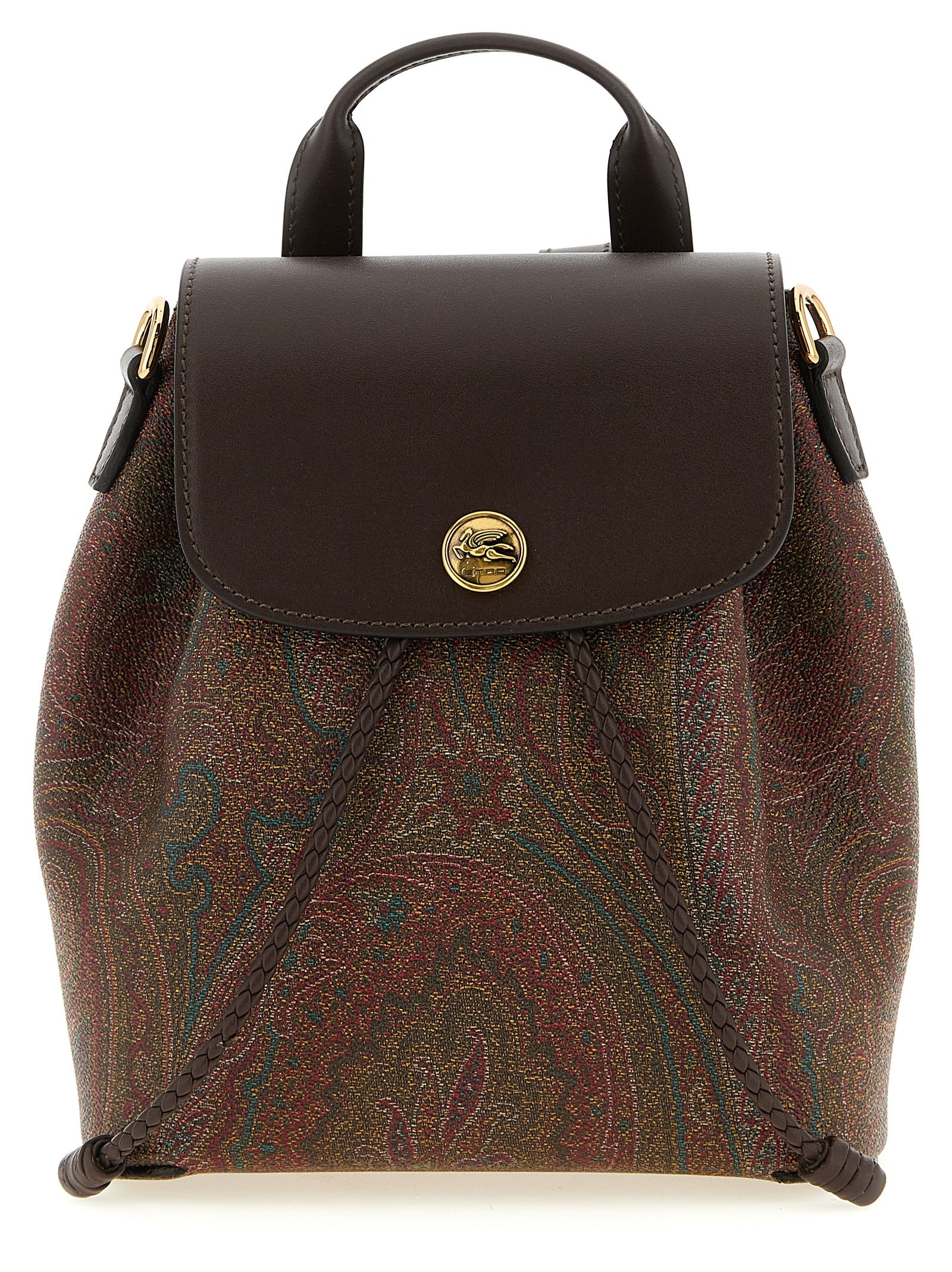 Small Drawstring Flap Backpack by Etro for women in poly cotton canvas & leather multicolor, paisley, jacquard & signature features a fashionable silhouette, showcasing the Arnica Poly Cotton Canvas & Leather Small Drawstring Flap Backpack design with a secure flap, drawstring, magnetic & button, ample , and versatile backpack-strap & adjustable-strap.