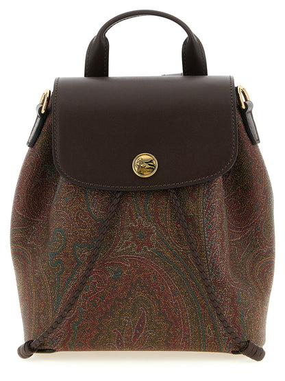 Small Drawstring Flap Backpack by Etro for women in poly cotton canvas & leather multicolor, paisley, jacquard & signature features a fashionable silhouette, showcasing the Arnica Poly Cotton Canvas & Leather Small Drawstring Flap Backpack design with a secure flap, drawstring, magnetic & button, ample , and versatile backpack-strap & adjustable-strap.