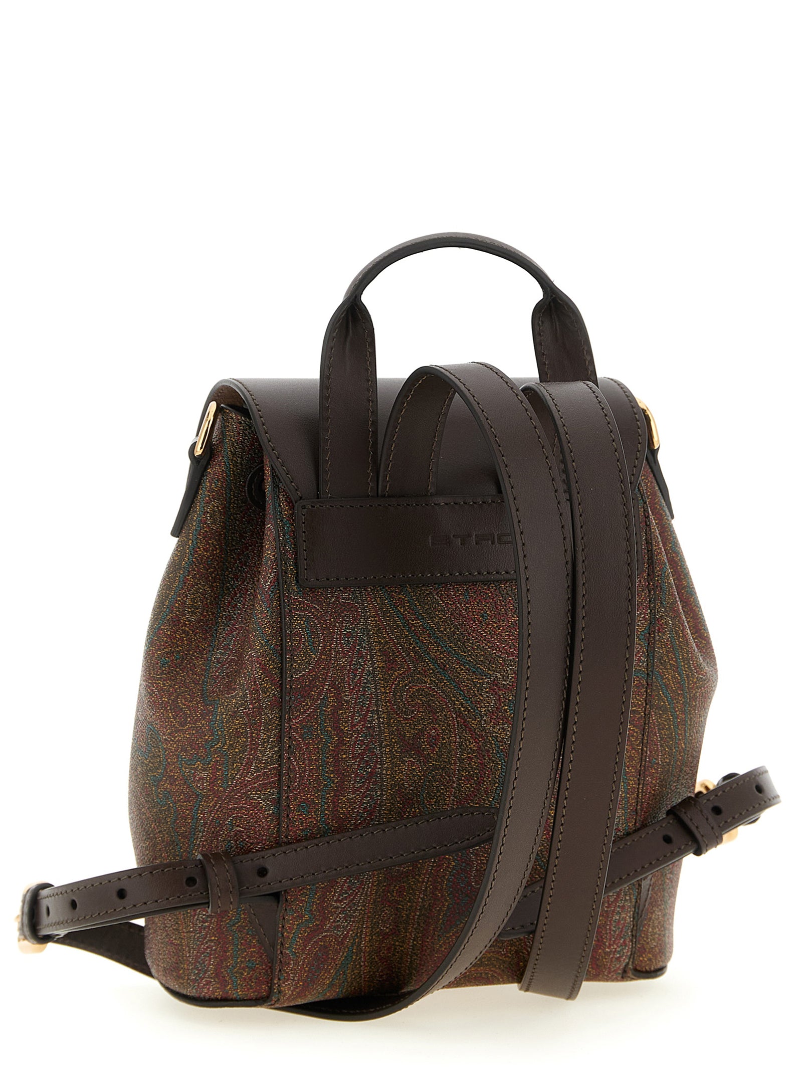 Small Drawstring Flap Backpack by Etro for women in poly cotton canvas & leather multicolor, paisley, jacquard & signature features a utilitarian chic Arnica Poly Cotton Canvas & Leather Small Drawstring Flap Backpack design with a secure flap, drawstring, magnetic & button, ample , and versatile backpack-strap & adjustable-strap for a utilitarian chic finish.