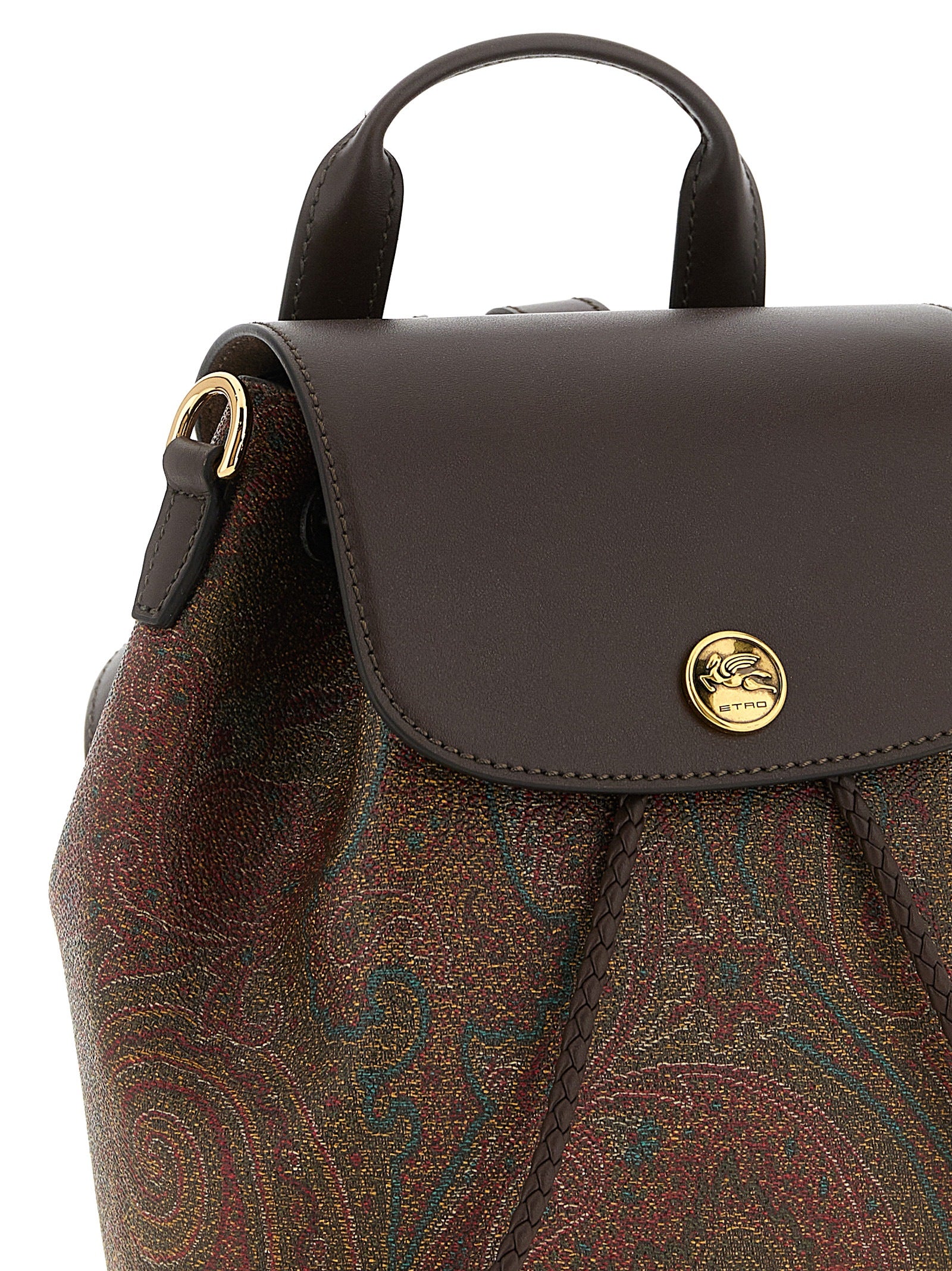 Small Drawstring Flap Backpack by Etro for women in poly cotton canvas & leather multicolor, paisley, jacquard & signature showcases an architectural Arnica Poly Cotton Canvas & Leather Small Drawstring Flap Backpack design, featuring a secure flap, drawstring, magnetic & button, ample , and architectural backpack-strap & adjustable-strap for a sophisticated look.