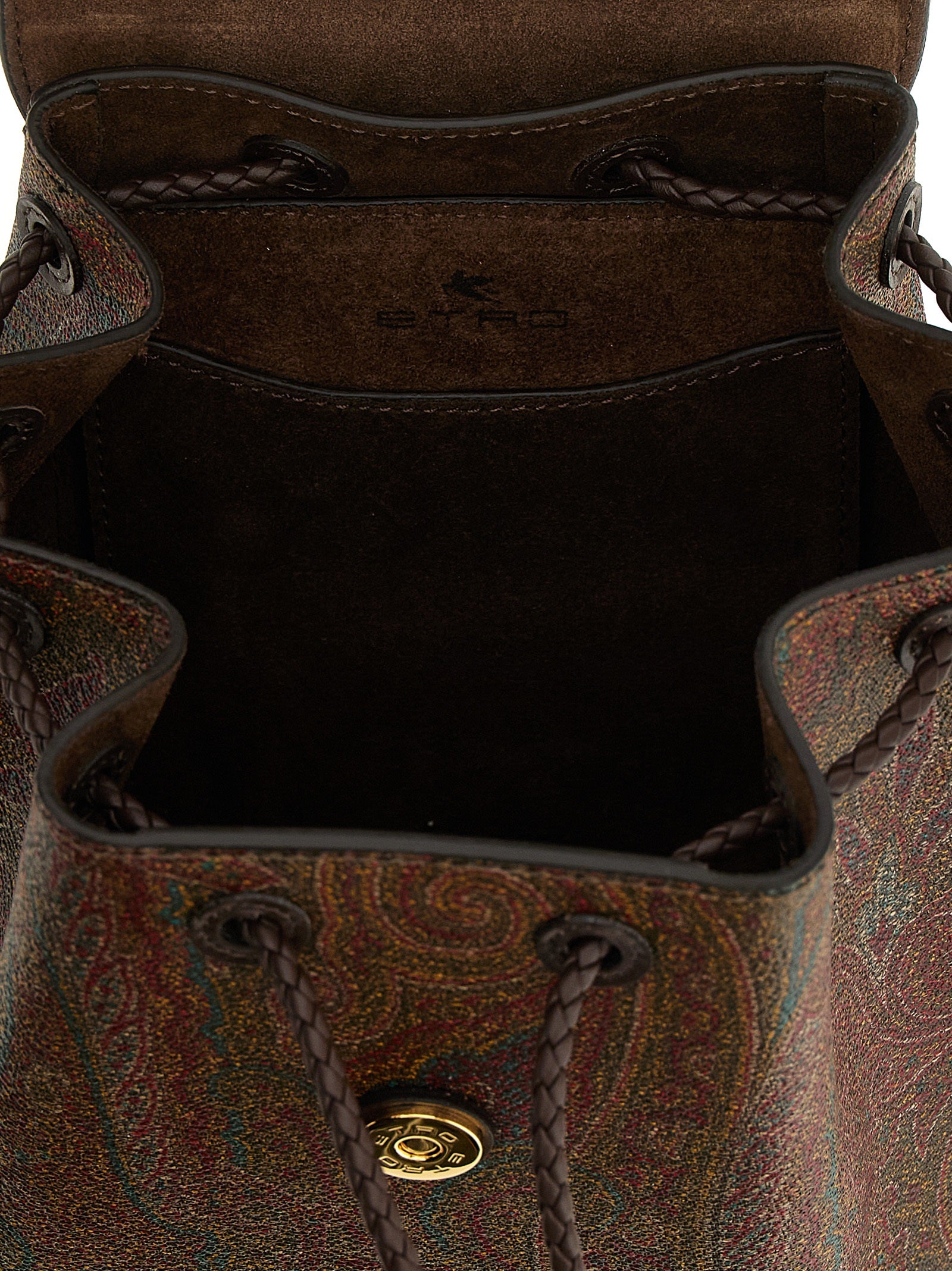 Small Drawstring Flap Backpack by Etro for women in poly cotton canvas & leather multicolor, paisley, jacquard & signature features a effortlessly chic Arnica Poly Cotton Canvas & Leather Small Drawstring Flap Backpack design, showcasing a secure flap, drawstring, magnetic & button, ample , and versatile backpack-strap & adjustable-strap for a effortlessly chic finish.