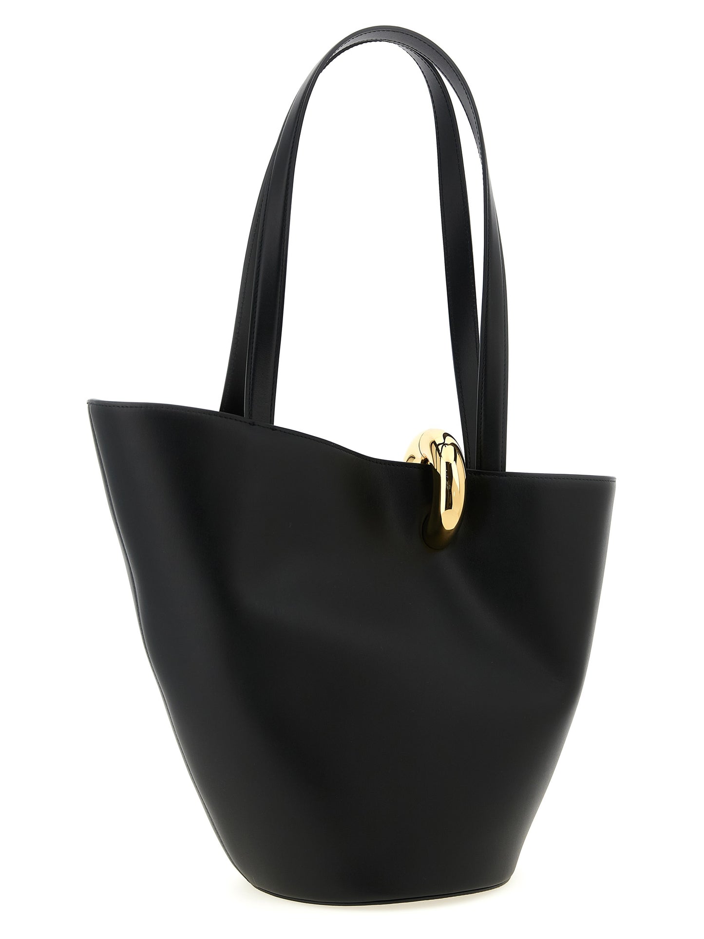 Shoulder Bucket Bag by Jacquemus for women in leather & metal black, gold & patterned showcases a statuesque silhouette, artfully detailed with a secure clip, organized , and versatile shoulder-strap & handle for a statuesque look.