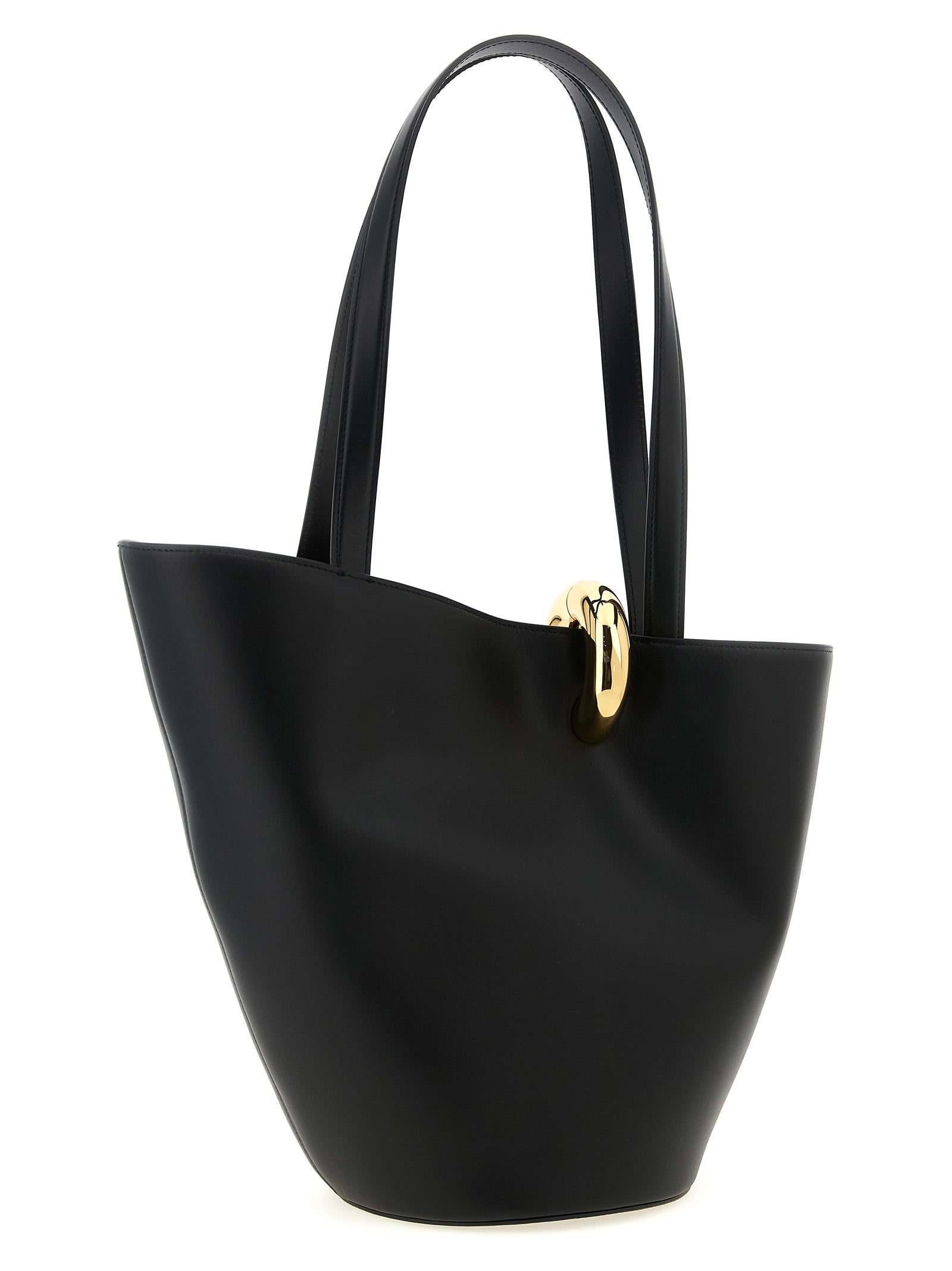 Shoulder Bucket Bag by Jacquemus for women in leather & metal black, gold & patterned showcases a statuesque silhouette, artfully detailed with a secure clip, organized , and versatile shoulder-strap & handle for a statuesque look.